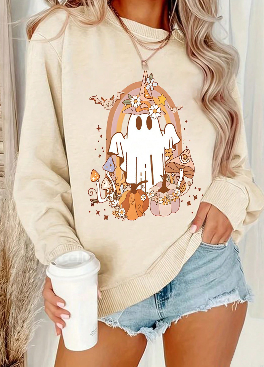 Кремовый свитшот SHEIN рисунок без декора (364099759)