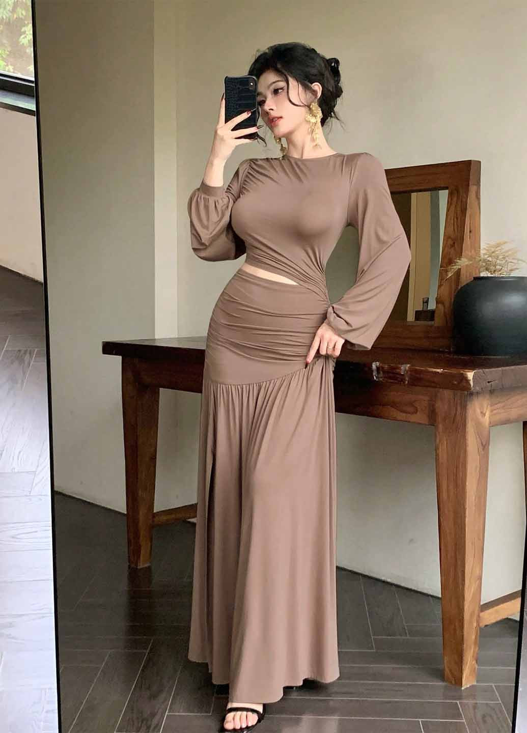 Коричнева святковий, кежуал сукня кльош SHEIN однотонна