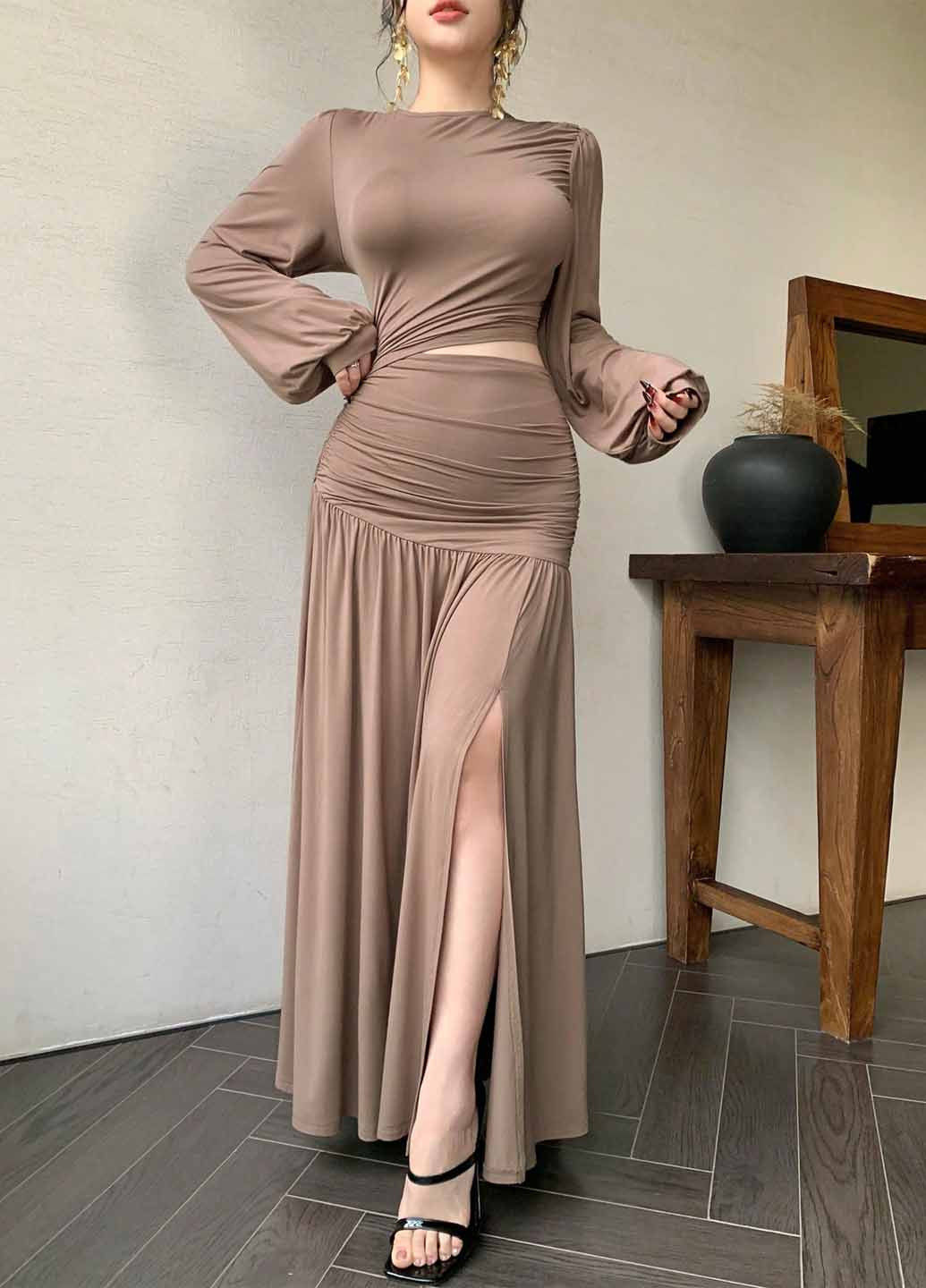 Коричнева святковий, кежуал сукня кльош SHEIN однотонна