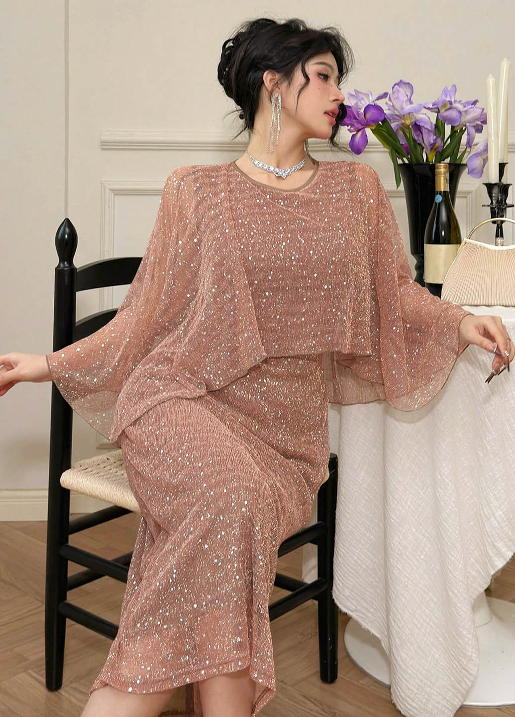 Темно-бежева вечірня сукня SHEIN однотонна