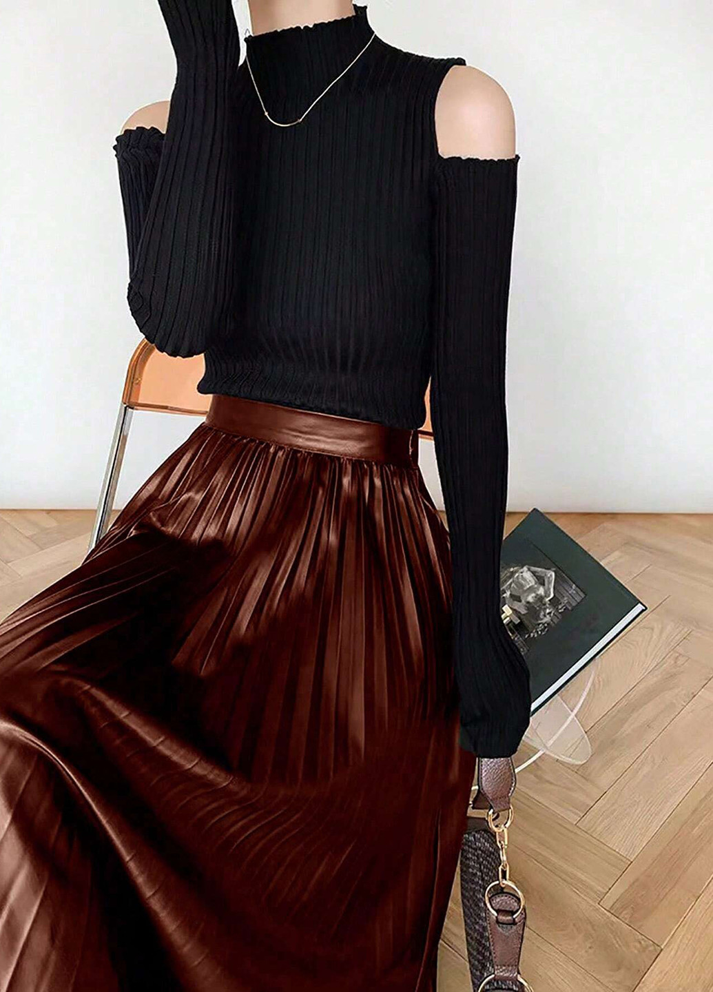 Темно-коричневая кэжуал однотонная юбка SHEIN плиссе