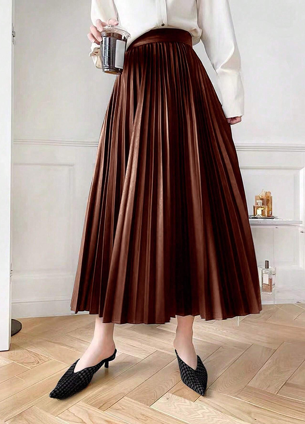 Темно-коричневая кэжуал однотонная юбка SHEIN плиссе