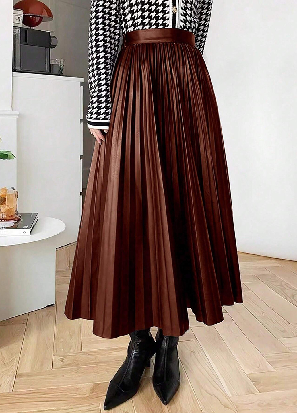 Темно-коричневая кэжуал однотонная юбка SHEIN плиссе