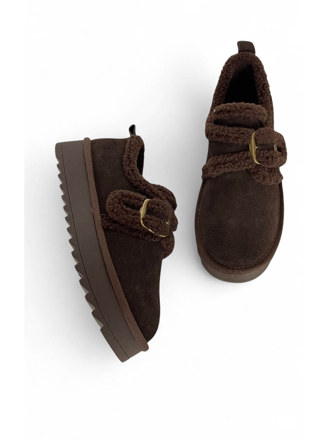 Коричневые слипоны Melanda.M на тракторной подошве, с пряжкой, с мехом однотонные