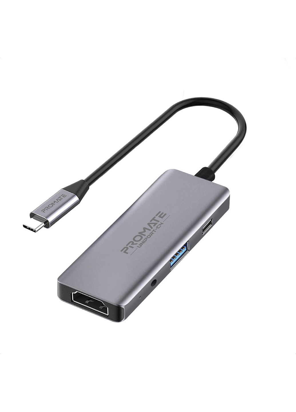 USB-C хаб 4-в-1 UniPort-C4 USB-C PD / HDMI / 2xUSB 3.0 / AUX 3.5мм Grey () Promate uniport-c4.grey (199673580)