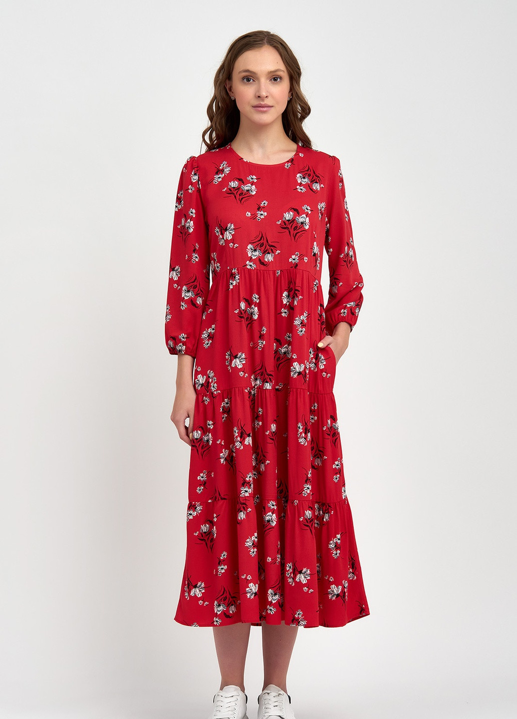 Красное кэжуал платье миди колокол, клеш BeART с цветочным принтом