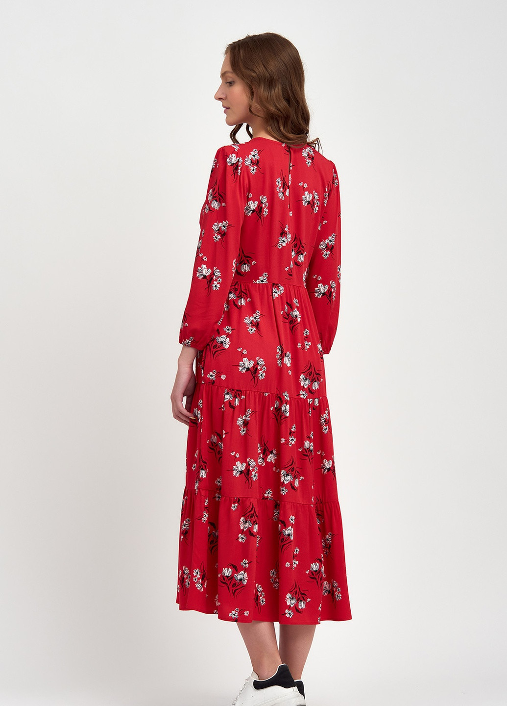 Красное кэжуал платье миди колокол, клеш BeART с цветочным принтом