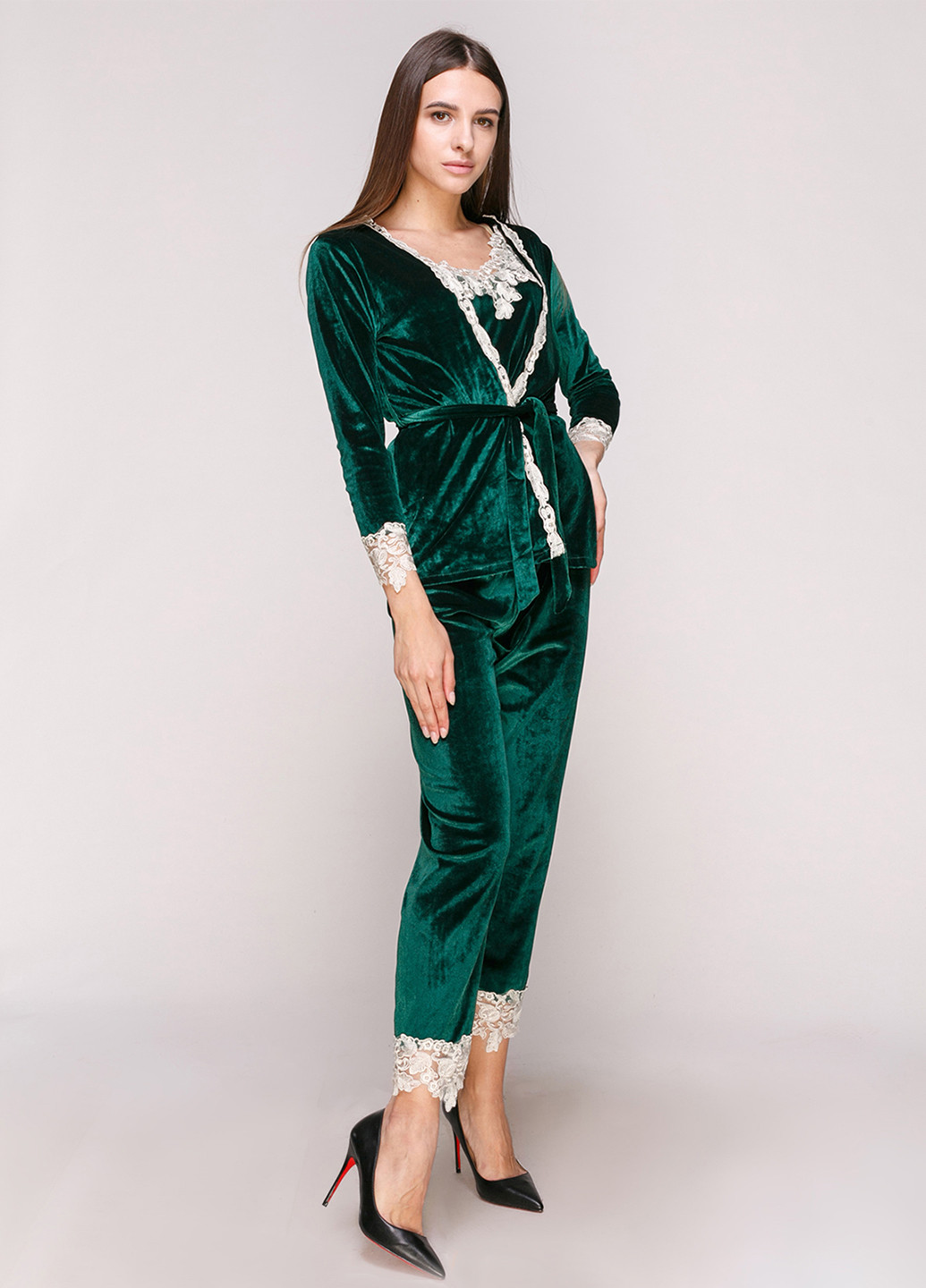 Зеленая всесезон пижама (халат, майка, брюки) рубашка + брюки No Brand