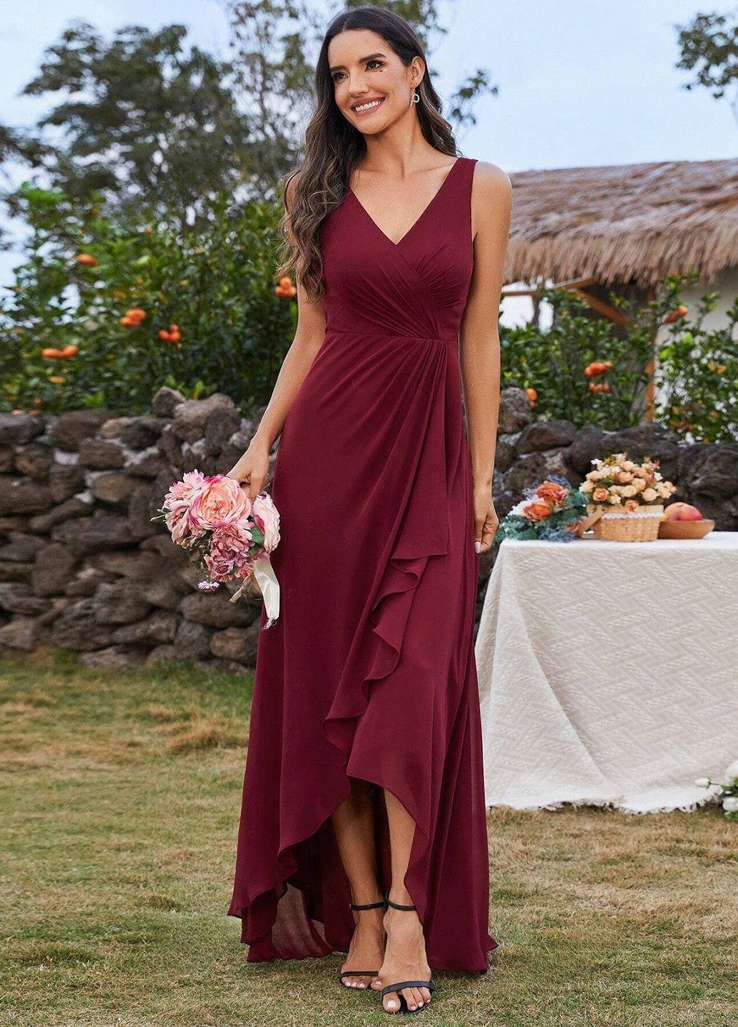 Бордовое коктейльное платье на запах SHEIN однотонное