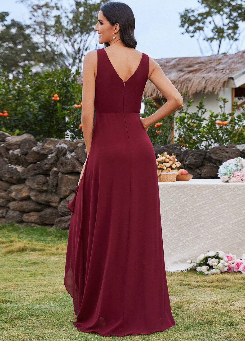 Бордовое коктейльное платье на запах SHEIN однотонное