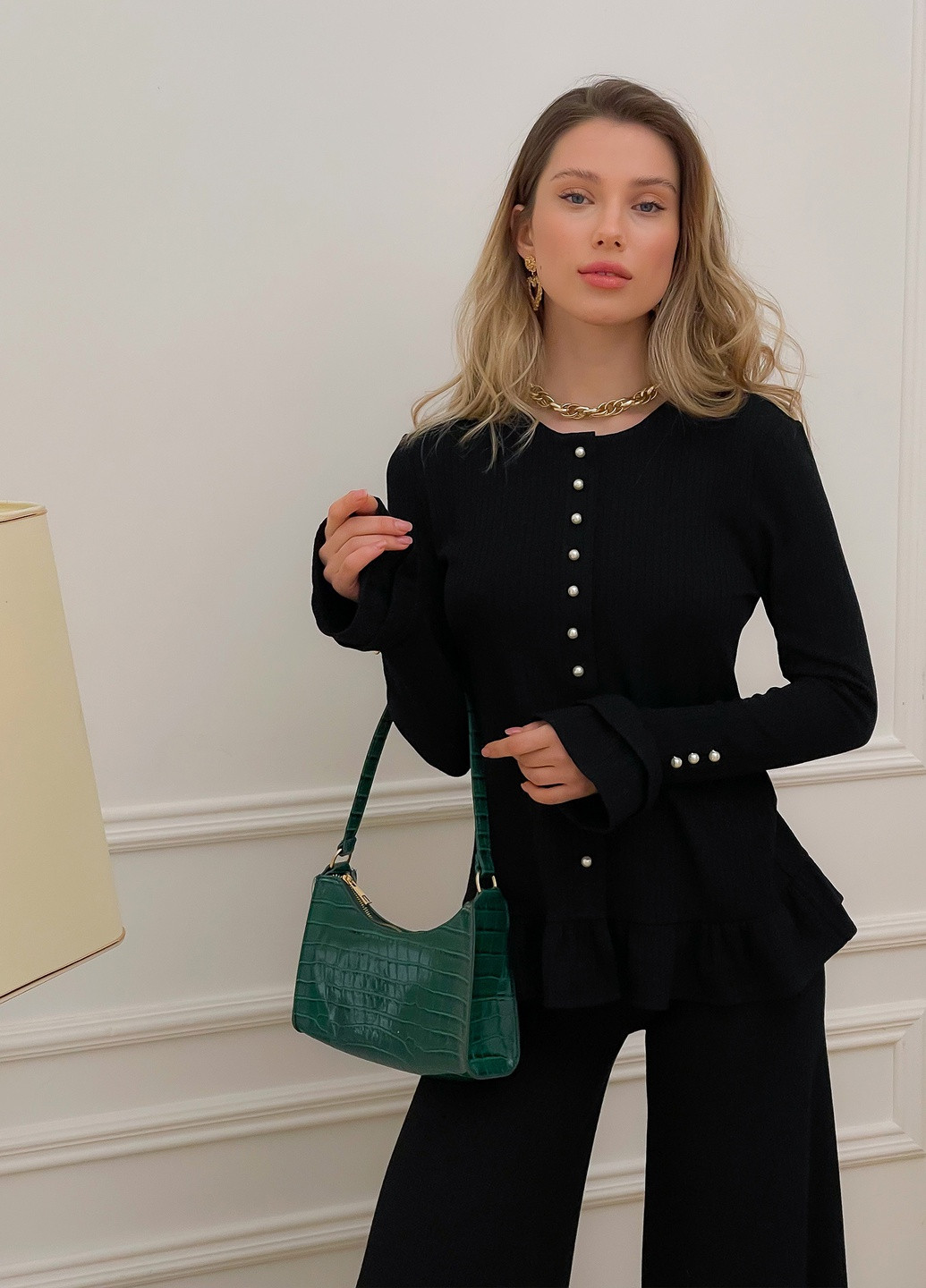 Костюм Тю-Тю! (брюки-клеш и кардиган) с рюшами и съемным воротником (254761053)