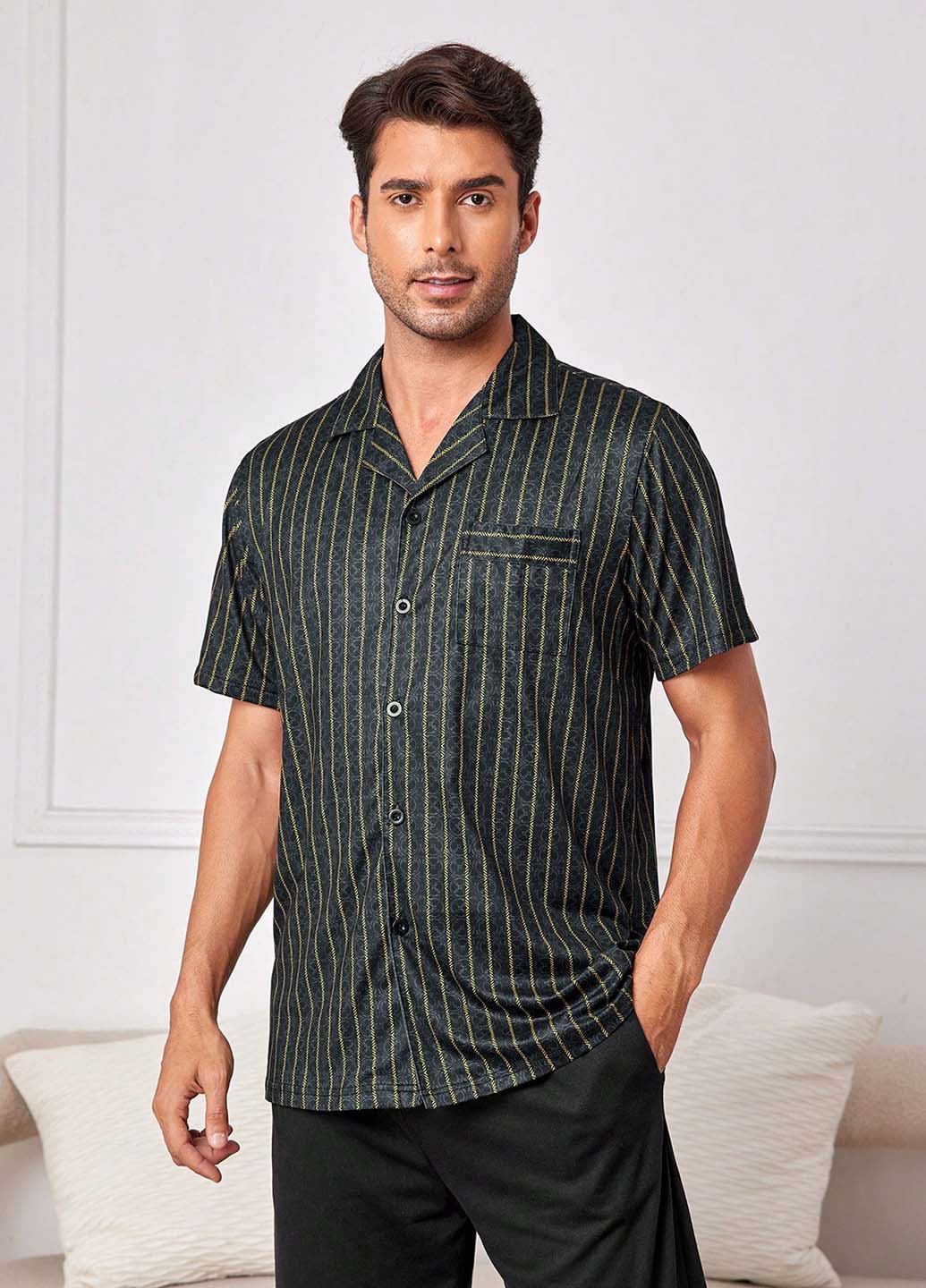 Черная домашний рубашка в полоску SHEIN