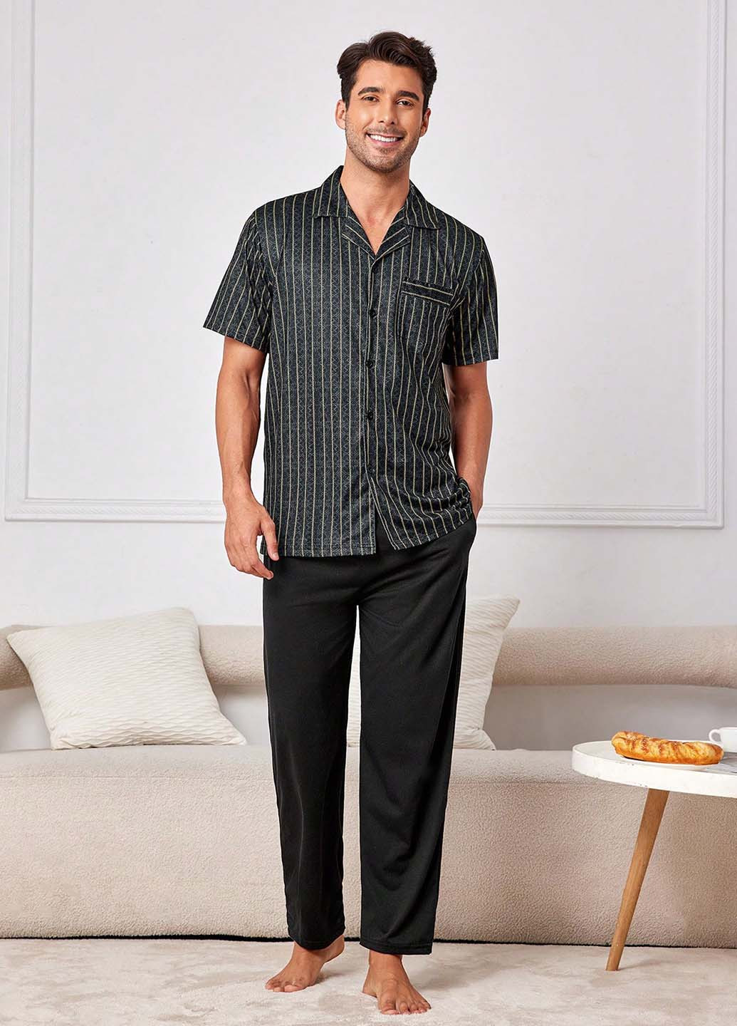 Черная домашний рубашка в полоску SHEIN