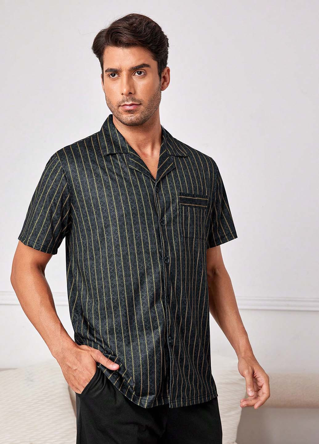 Черная домашний рубашка в полоску SHEIN