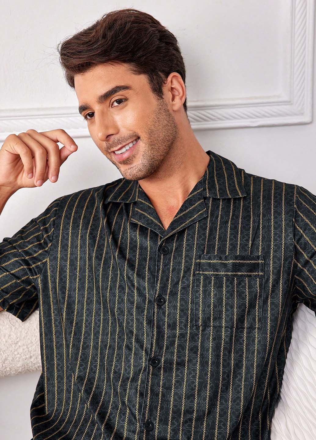 Черная домашний рубашка в полоску SHEIN