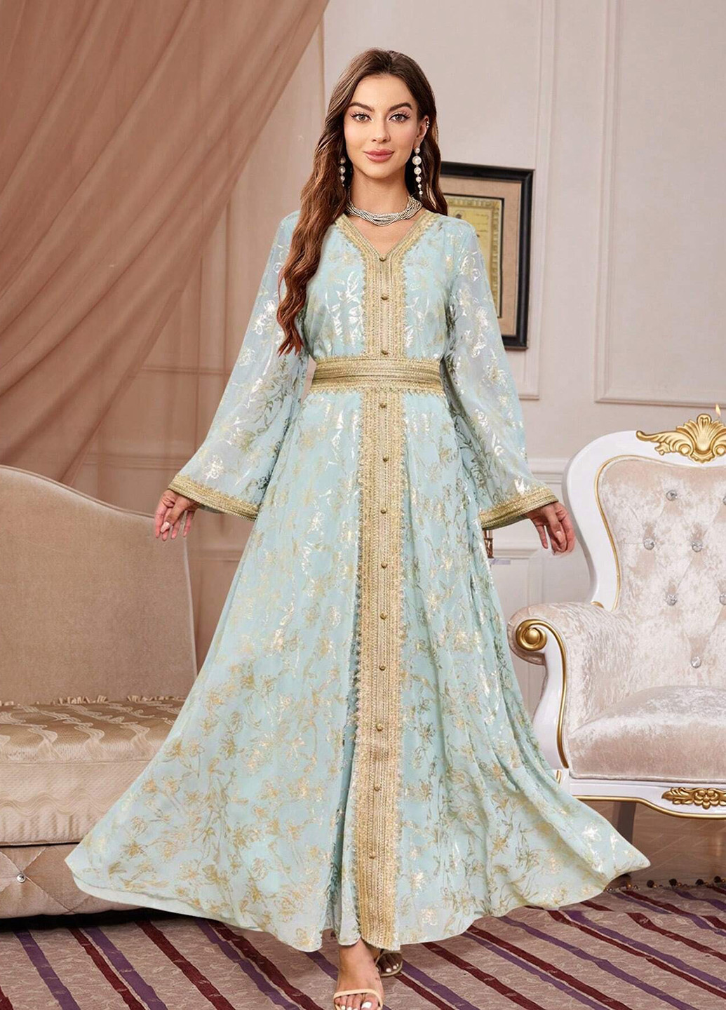 Серо-голубое вечернее платье клеш SHEIN с цветочным принтом