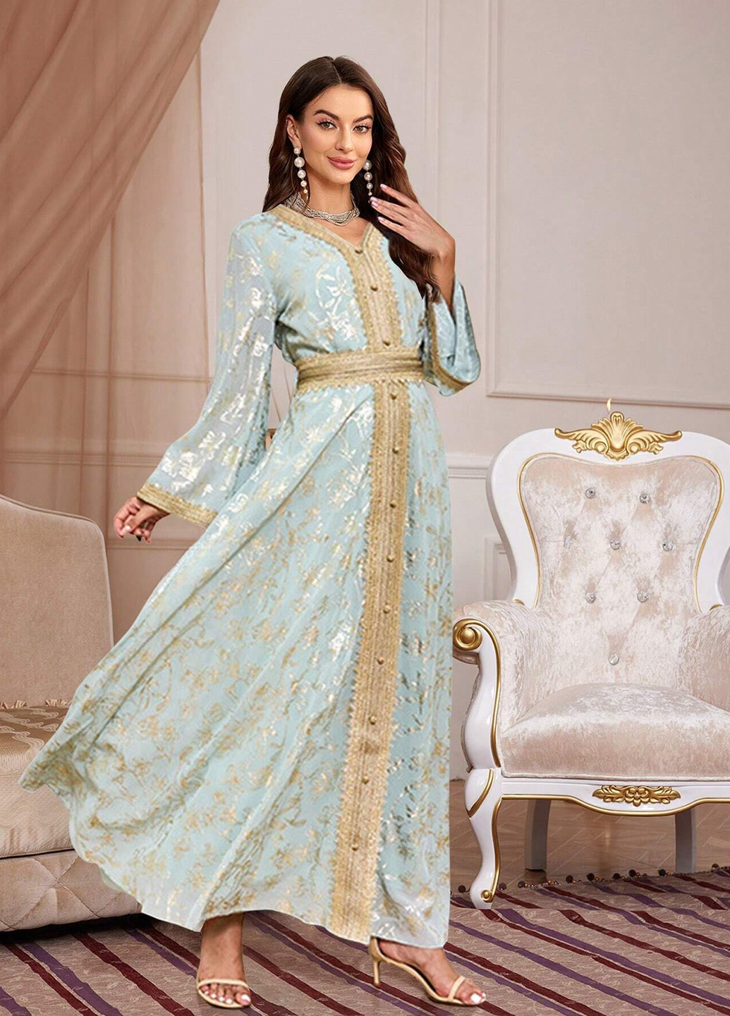 Серо-голубое вечернее платье клеш SHEIN с цветочным принтом