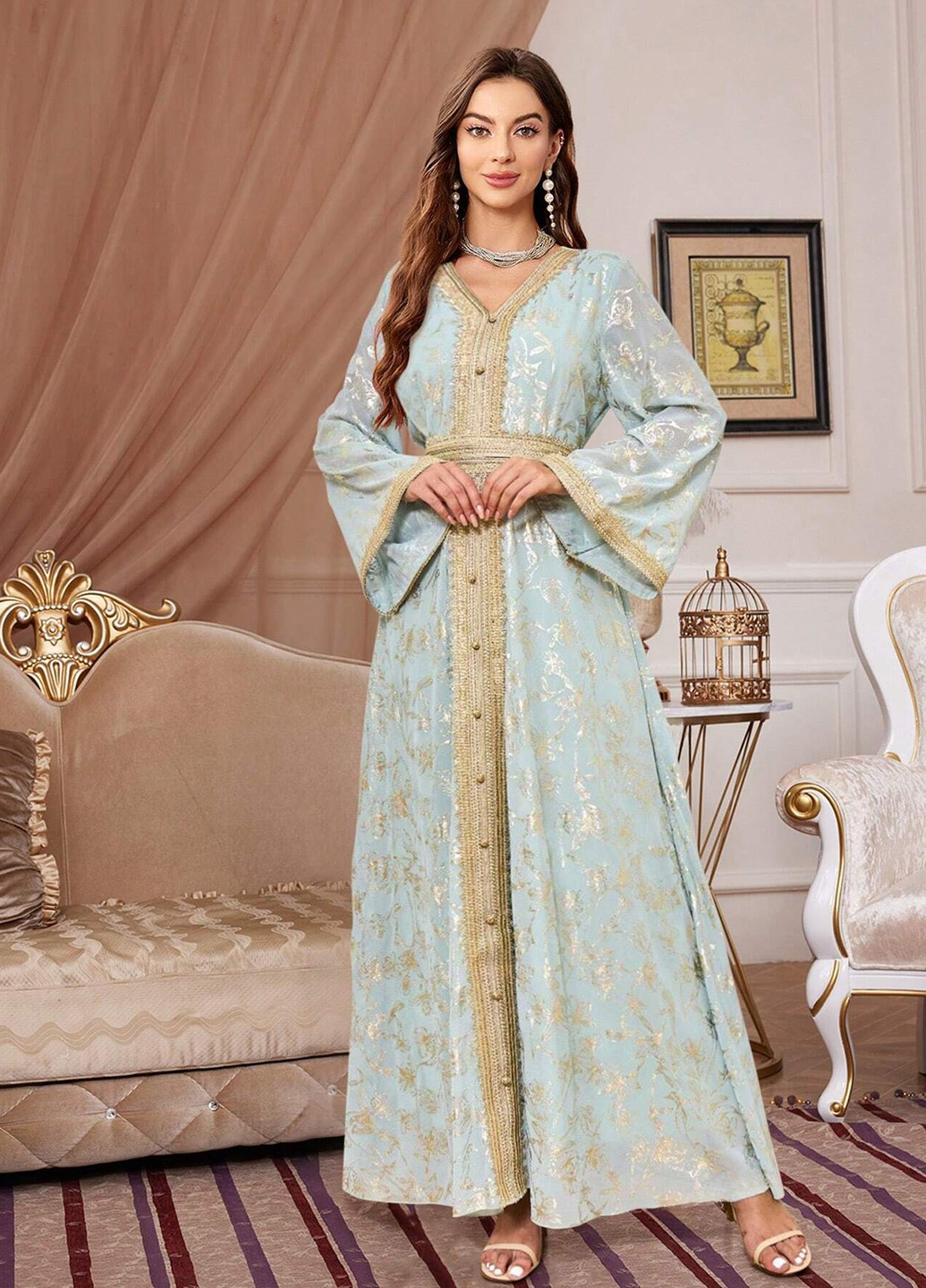 Серо-голубое вечернее платье клеш SHEIN с цветочным принтом