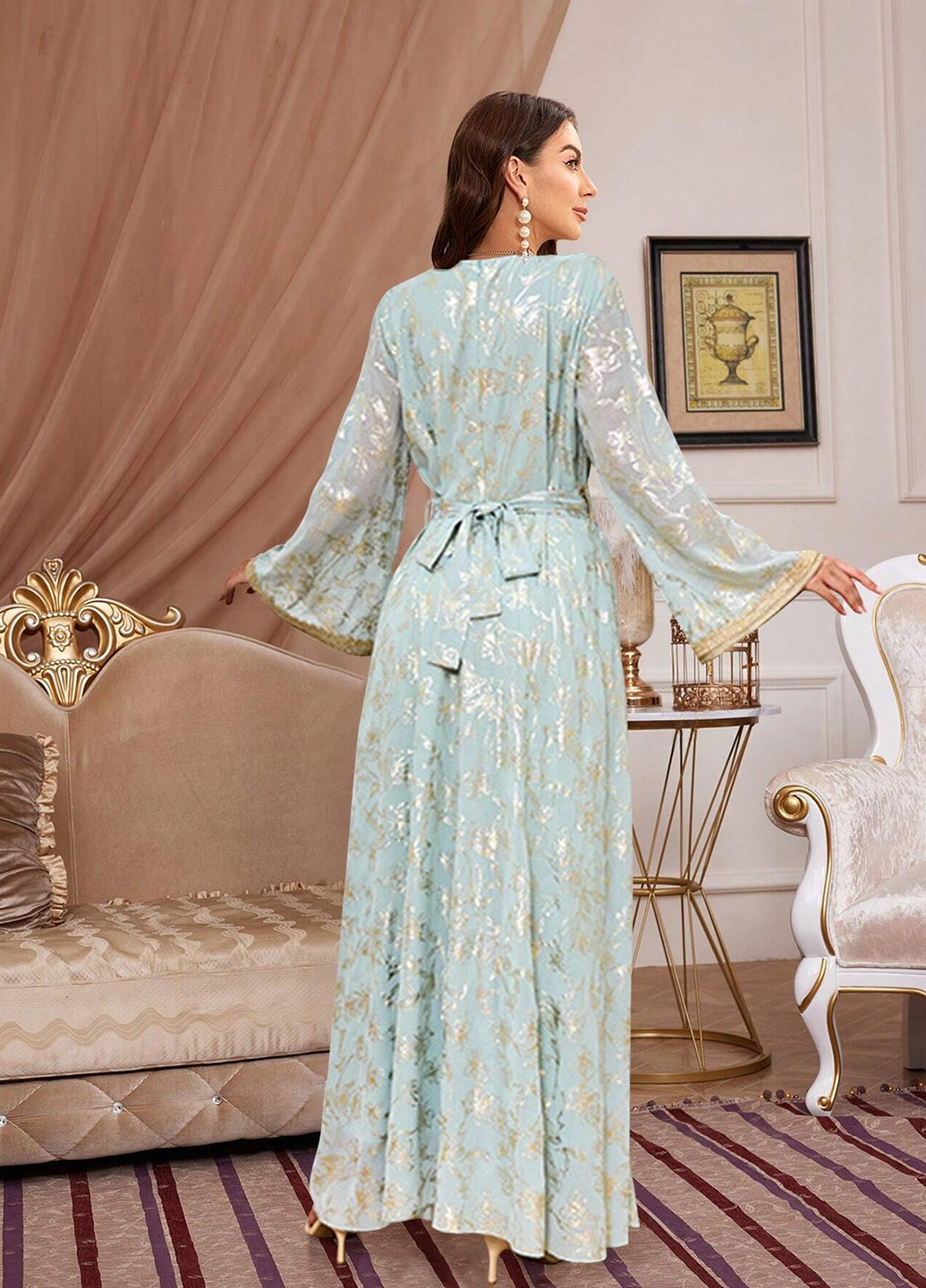 Серо-голубое вечернее платье клеш SHEIN с цветочным принтом