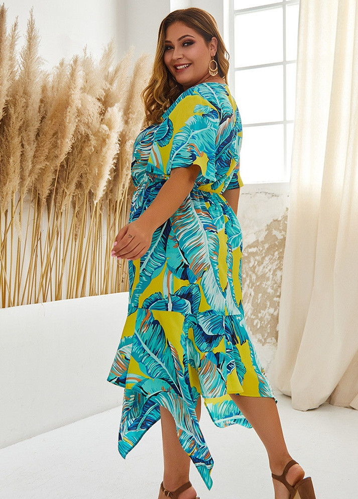 Голубое кэжуал платье женское с ассиметричной юбкой hawaii Berni Fashion PLUS с цветочным принтом