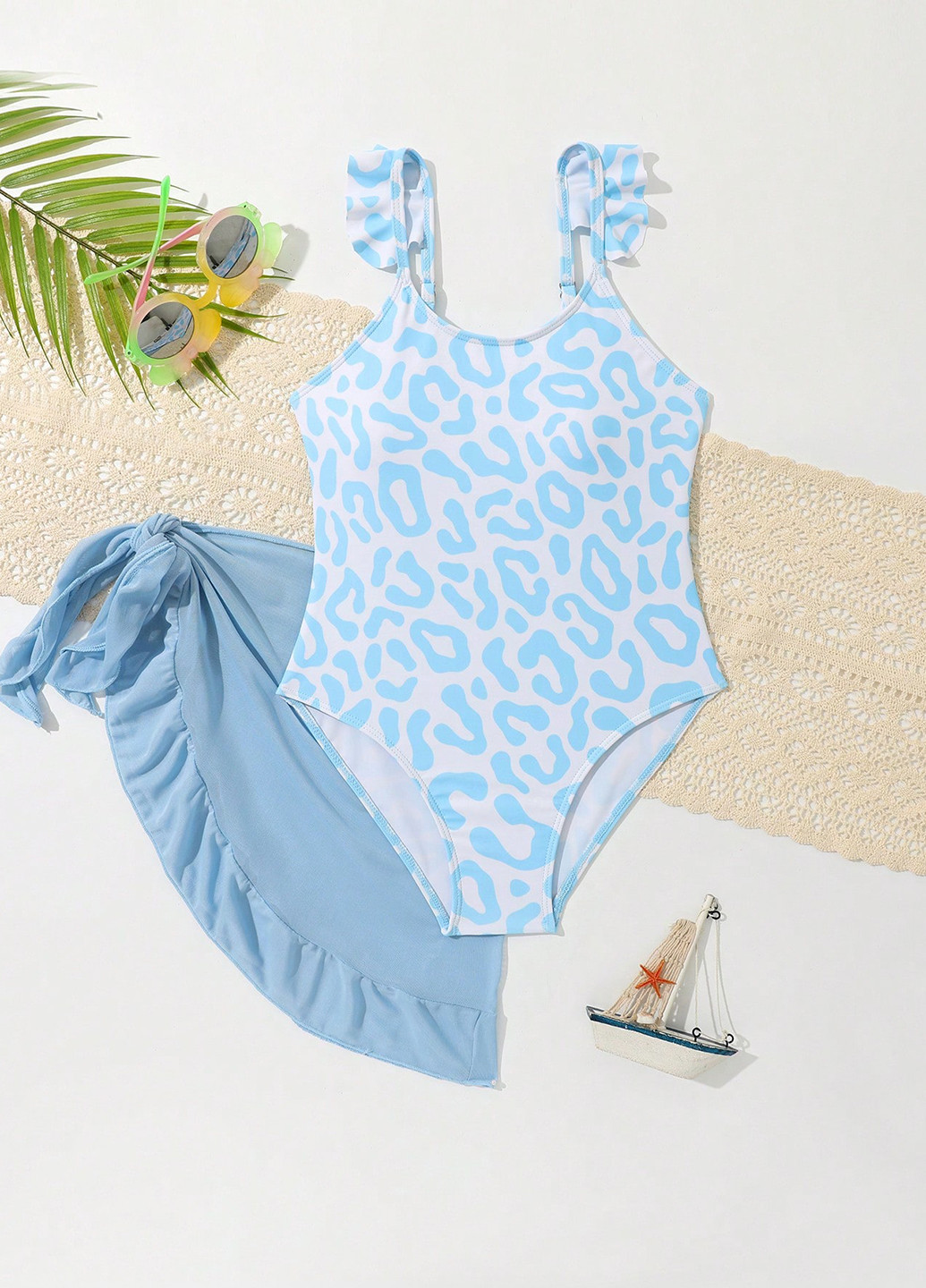 Голубой летний комплект (купальник, юбка) майо, слитный SHEIN