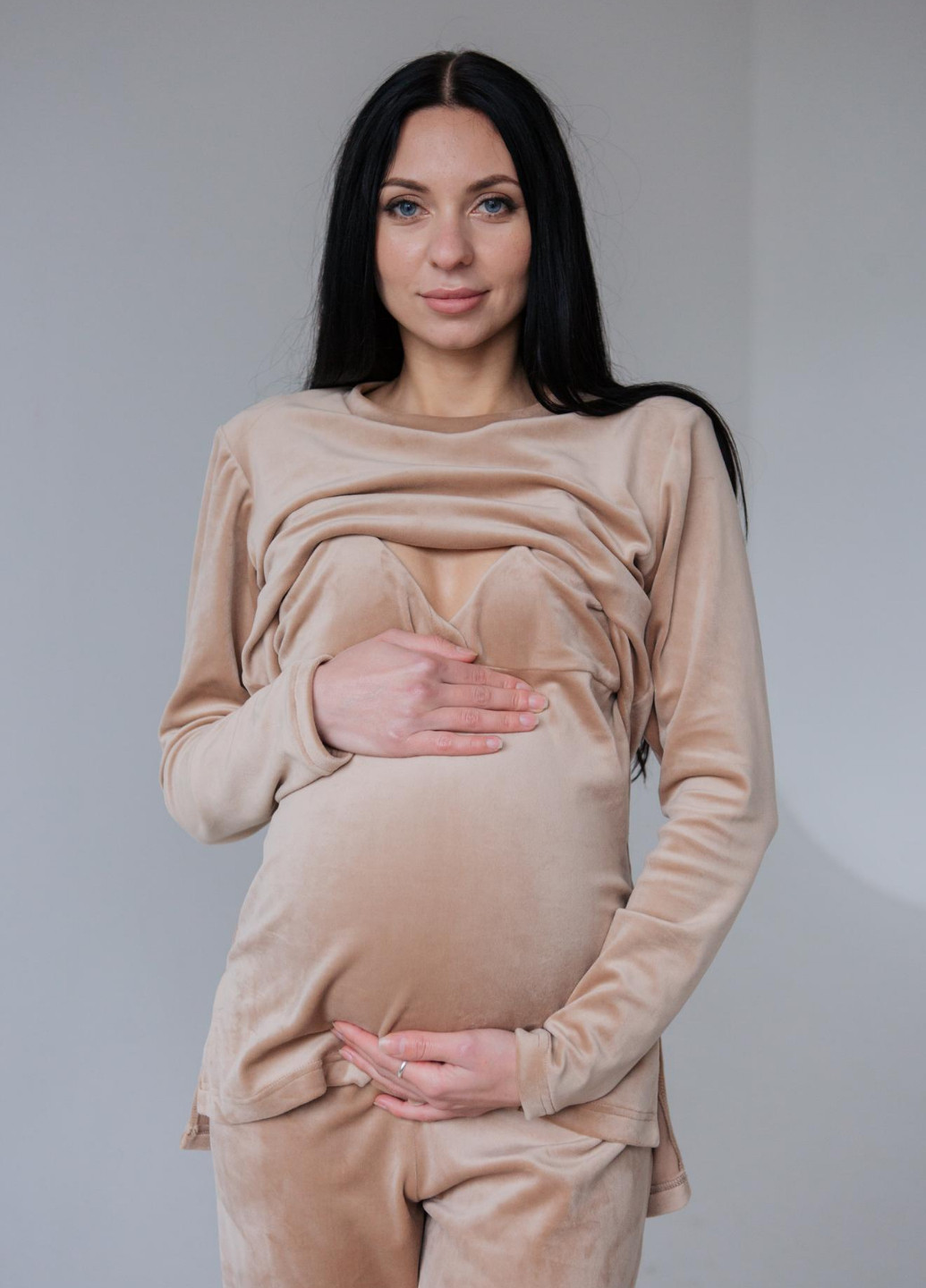 Бежевий демісезонний комплект піжама і халат для вагітних з секретом для вагітних HN