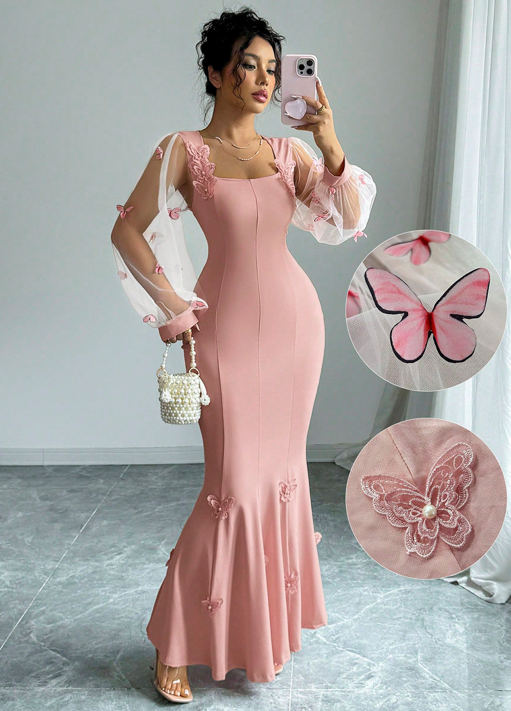 Бледно-розовое праздничный, вечернее платье годе SHEIN однотонное