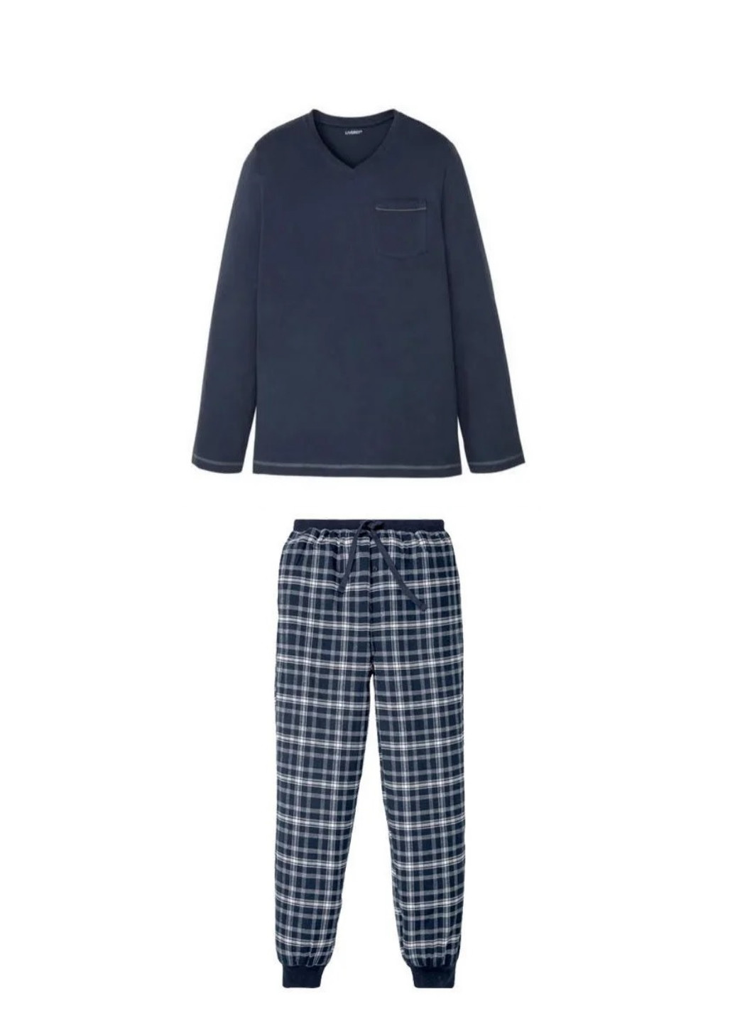 Пижама (лонгслив, брюки) Livergy лонгслив + брюки клетка тёмно-синяя домашняя трикотаж, хлопок, байка