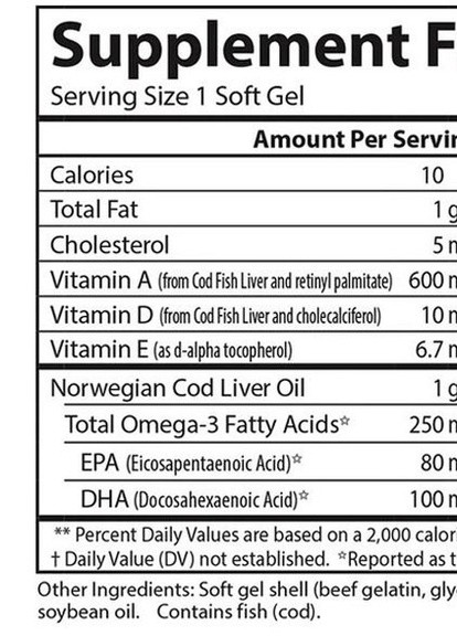 Cod Liver Oil Gems 1000 mg 250 Soft Gels Carlson Labs (256380020)