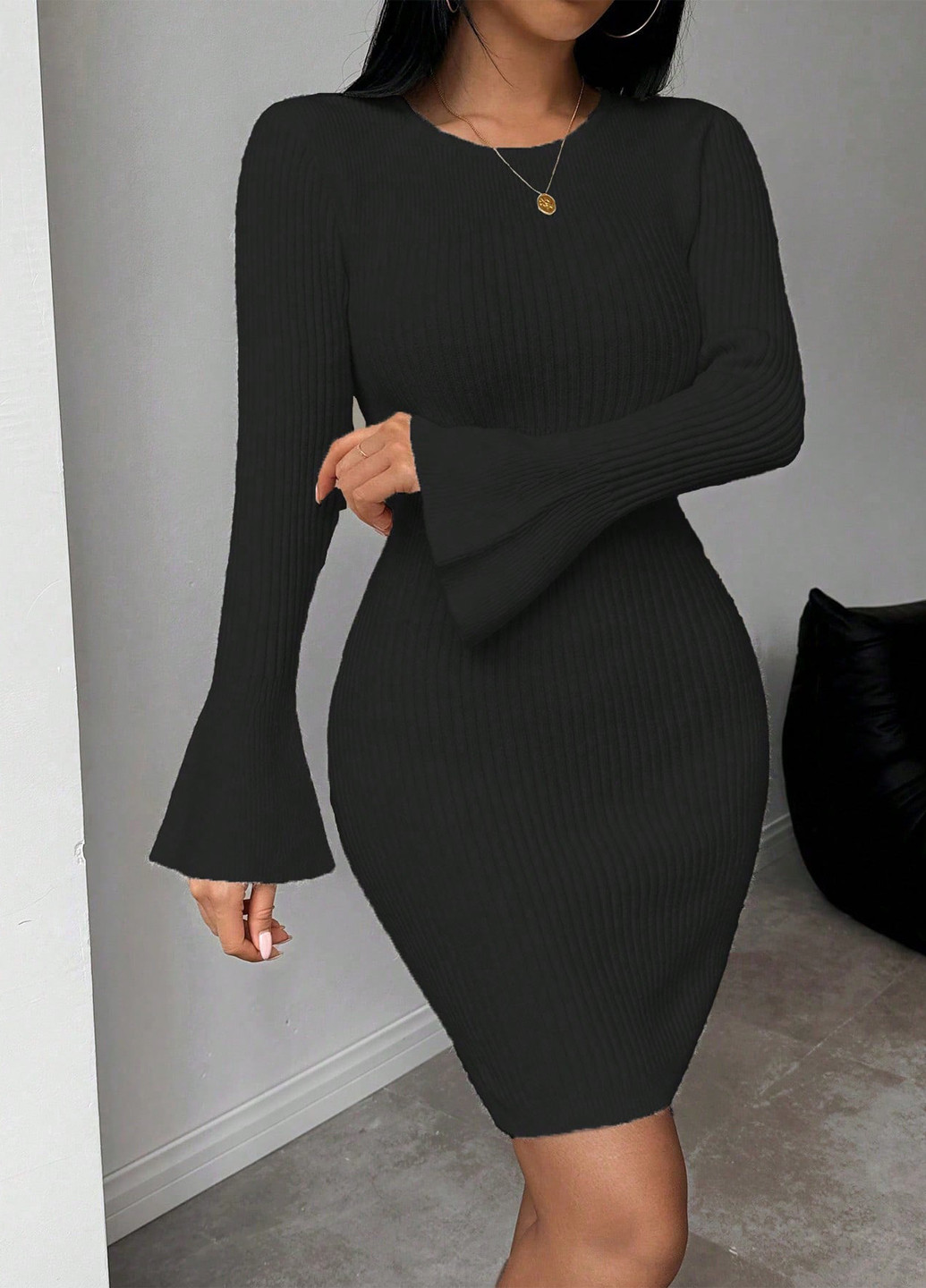 Черное праздничный, вечернее, кэжуал платье платье-свитер, футляр SHEIN однотонное