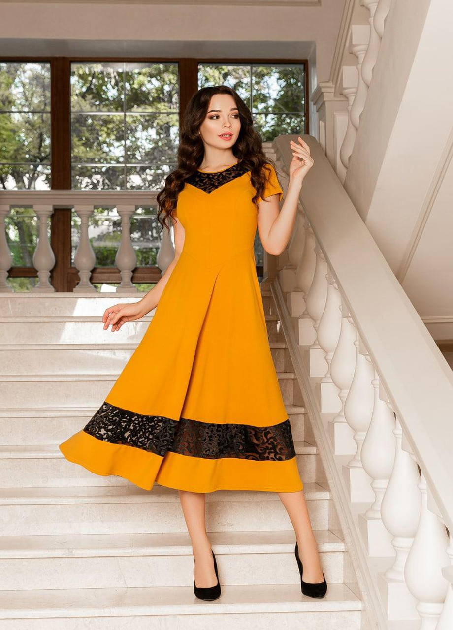 Горчичное женское нарядное платье с кружевами горчичного цвета р.42/44 374376 New Trend