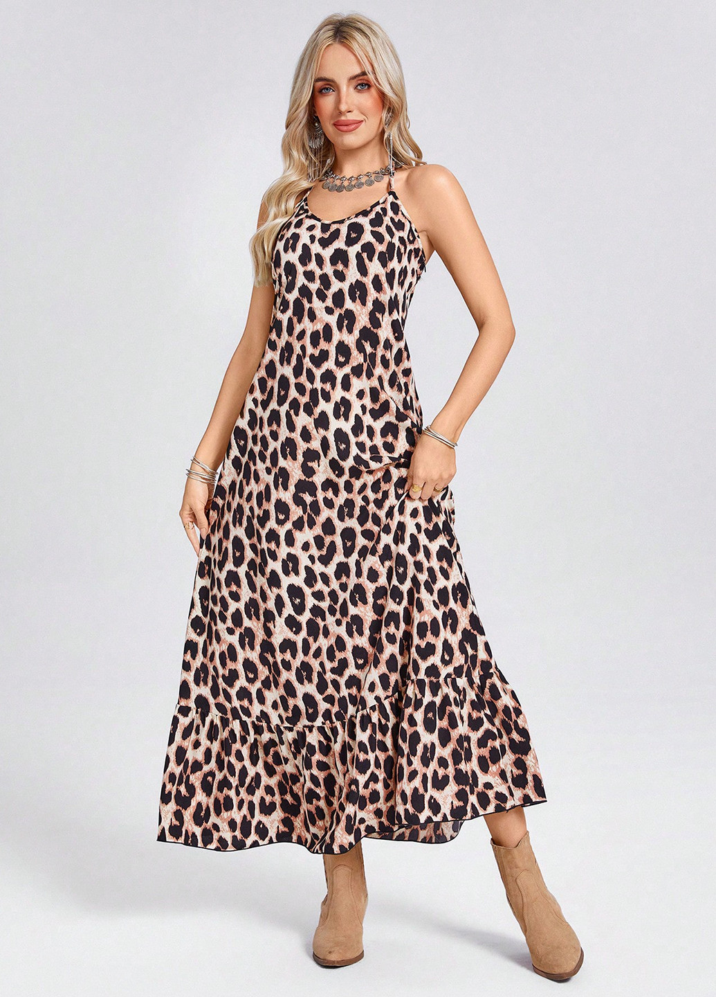 Комбінована кежуал сукня а-силует, з відкритими плечима, з відкритою спиною SHEIN леопардовий