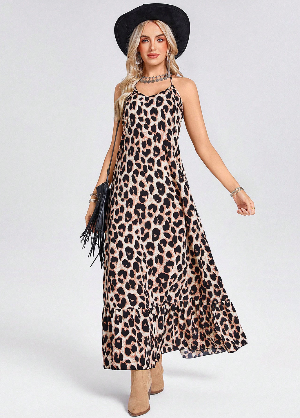 Комбінована кежуал сукня а-силует, з відкритими плечима, з відкритою спиною SHEIN леопардовий