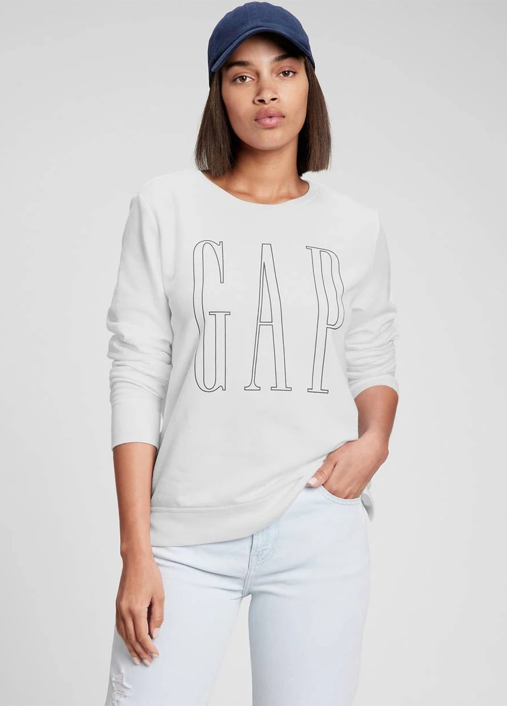 Свитшот Gap - Прямой крой логотип белый кэжуал хлопок, трикотаж - (260413547)
