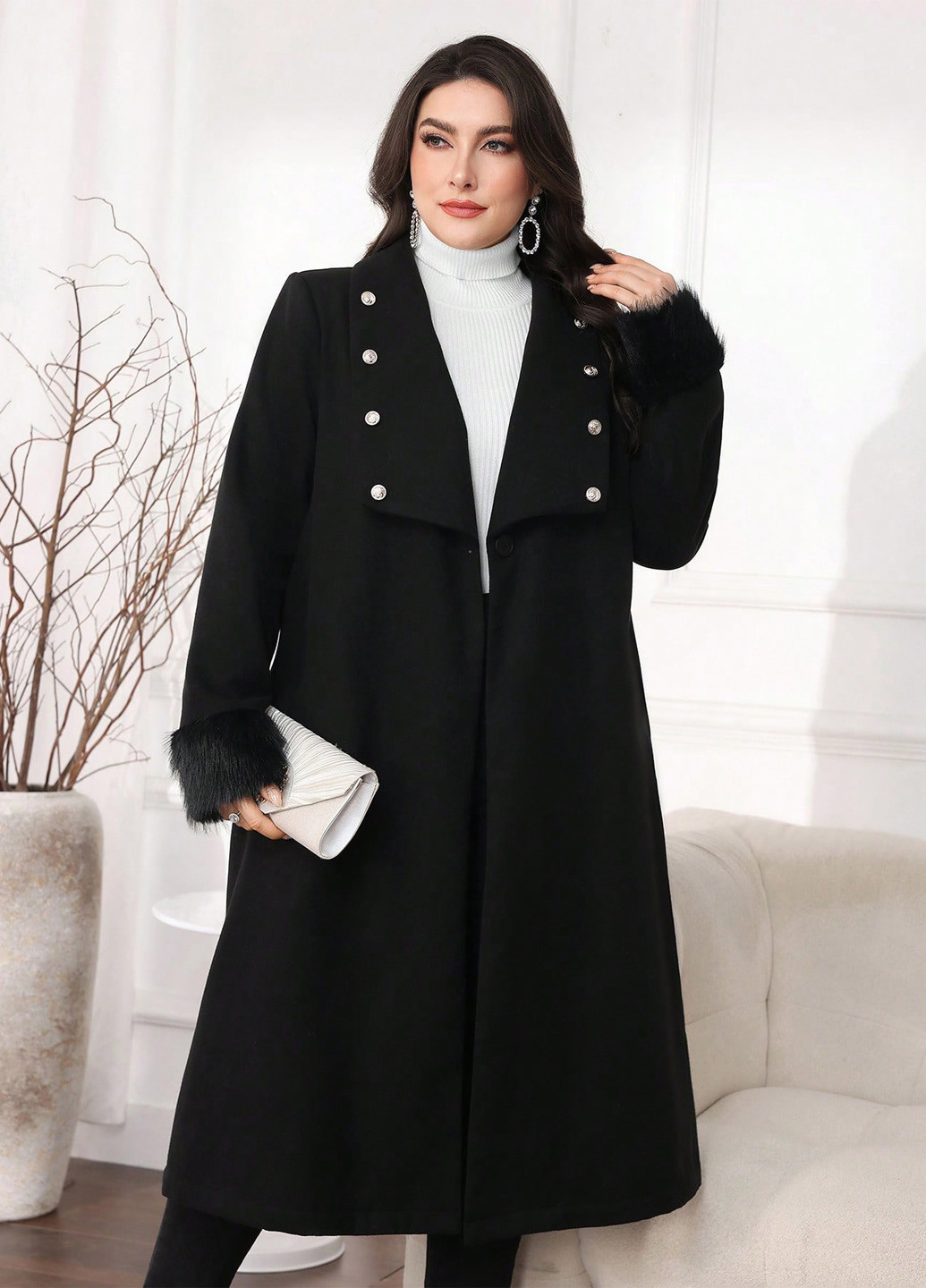 Чорне зимнє Пальто однобортне SHEIN