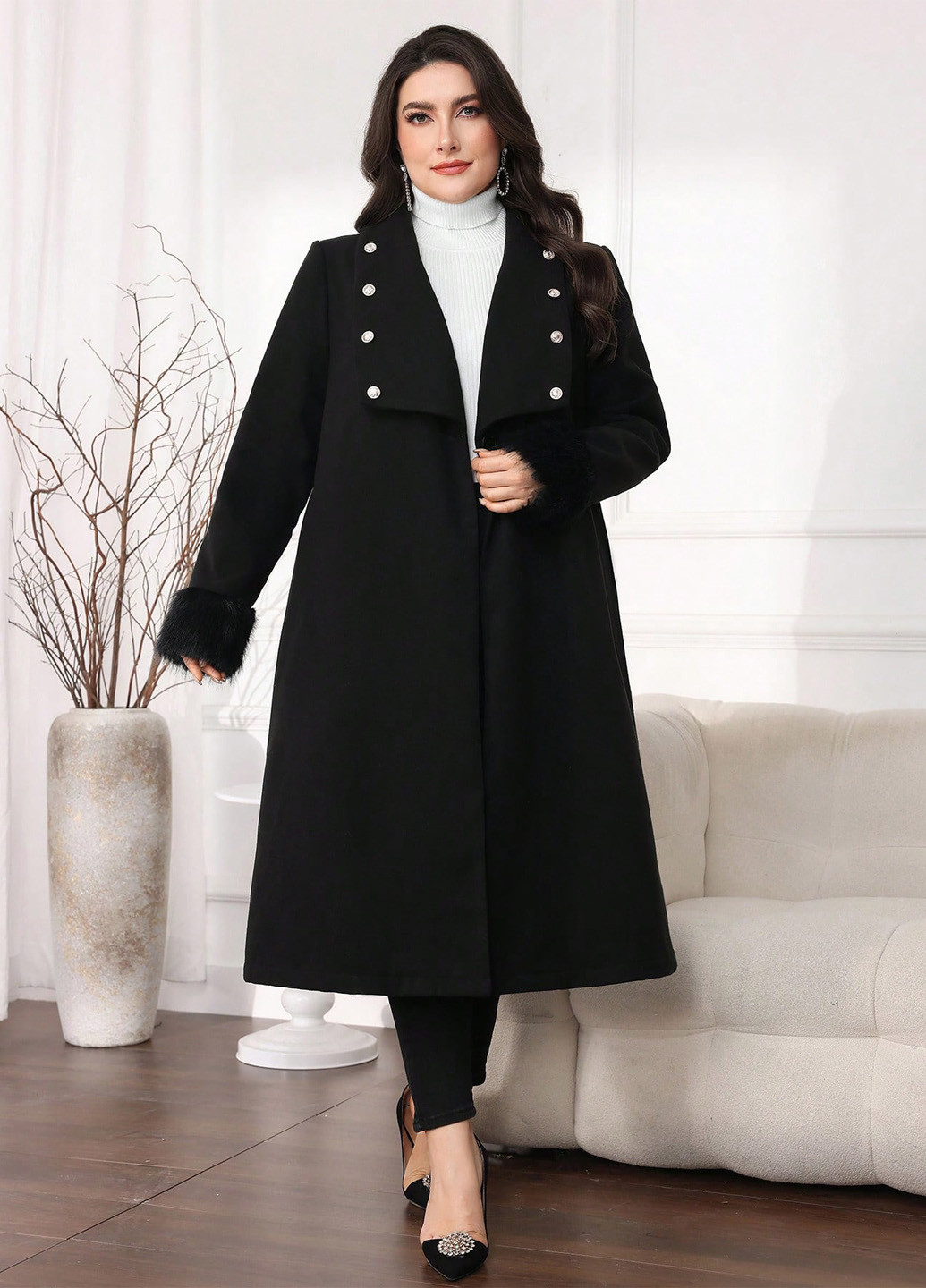 Чорне зимнє Пальто однобортне SHEIN