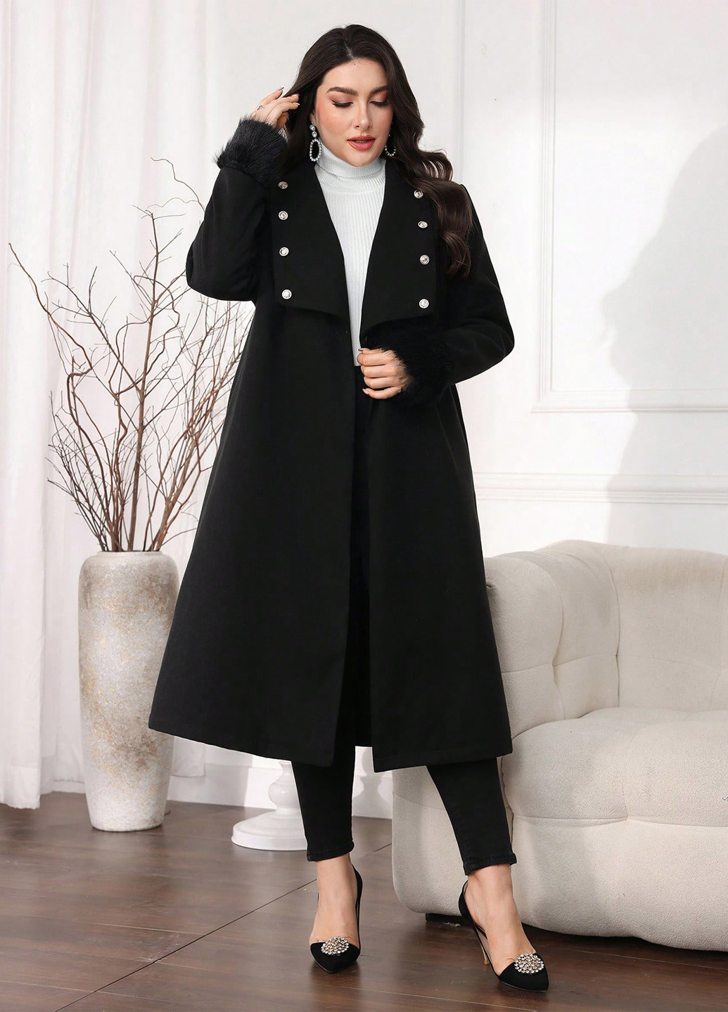 Чорне зимнє Пальто однобортне SHEIN