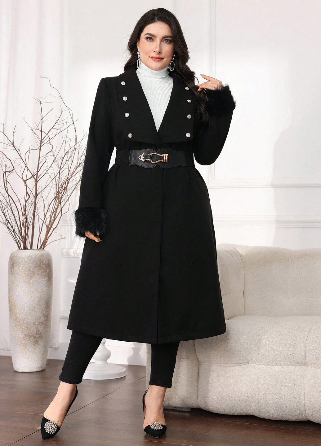 Чорне зимнє Пальто однобортне SHEIN