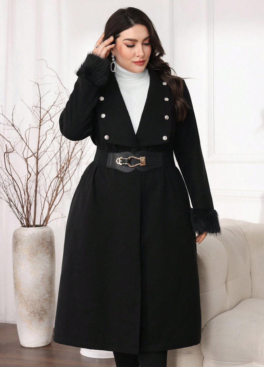 Чорне зимнє Пальто однобортне SHEIN