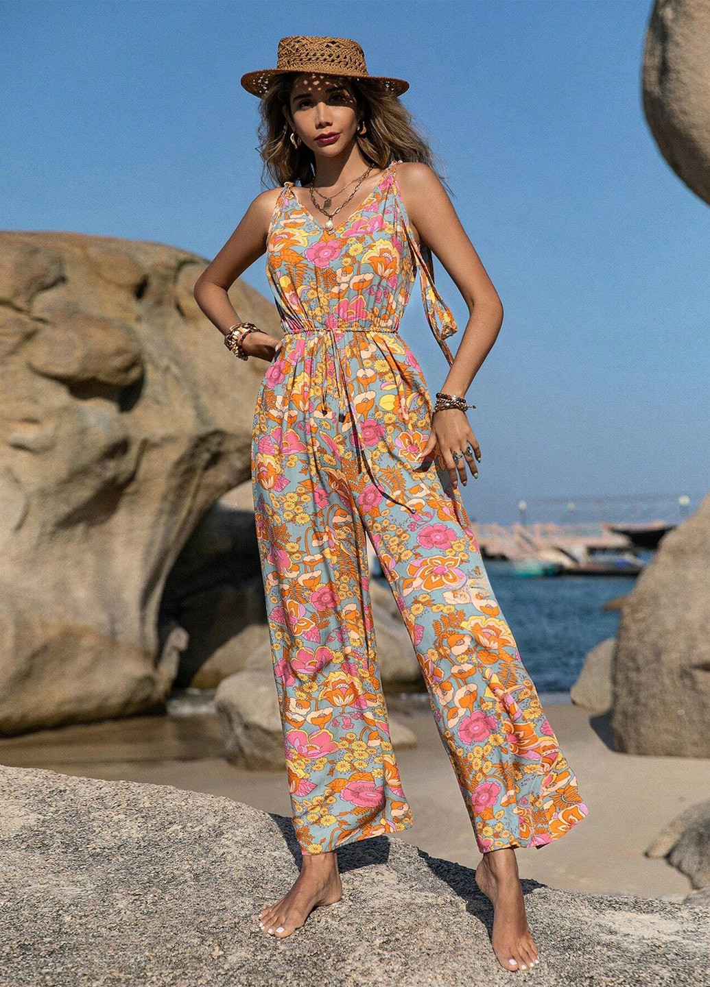 Комбінезон SHEIN комбінезон-брюки квітковий комбінований пляжний, кежуал віскоза