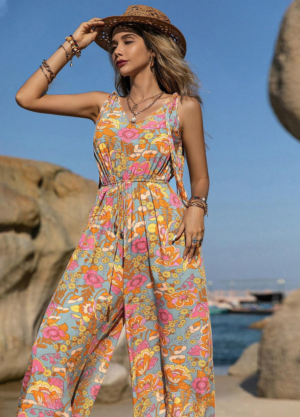 Комбінезон SHEIN комбінезон-брюки квітковий комбінований пляжний, кежуал віскоза