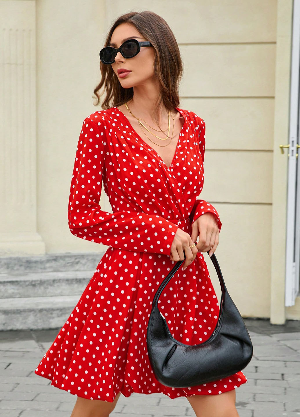 Червона кежуал сукня кльош, на запах SHEIN в горошок