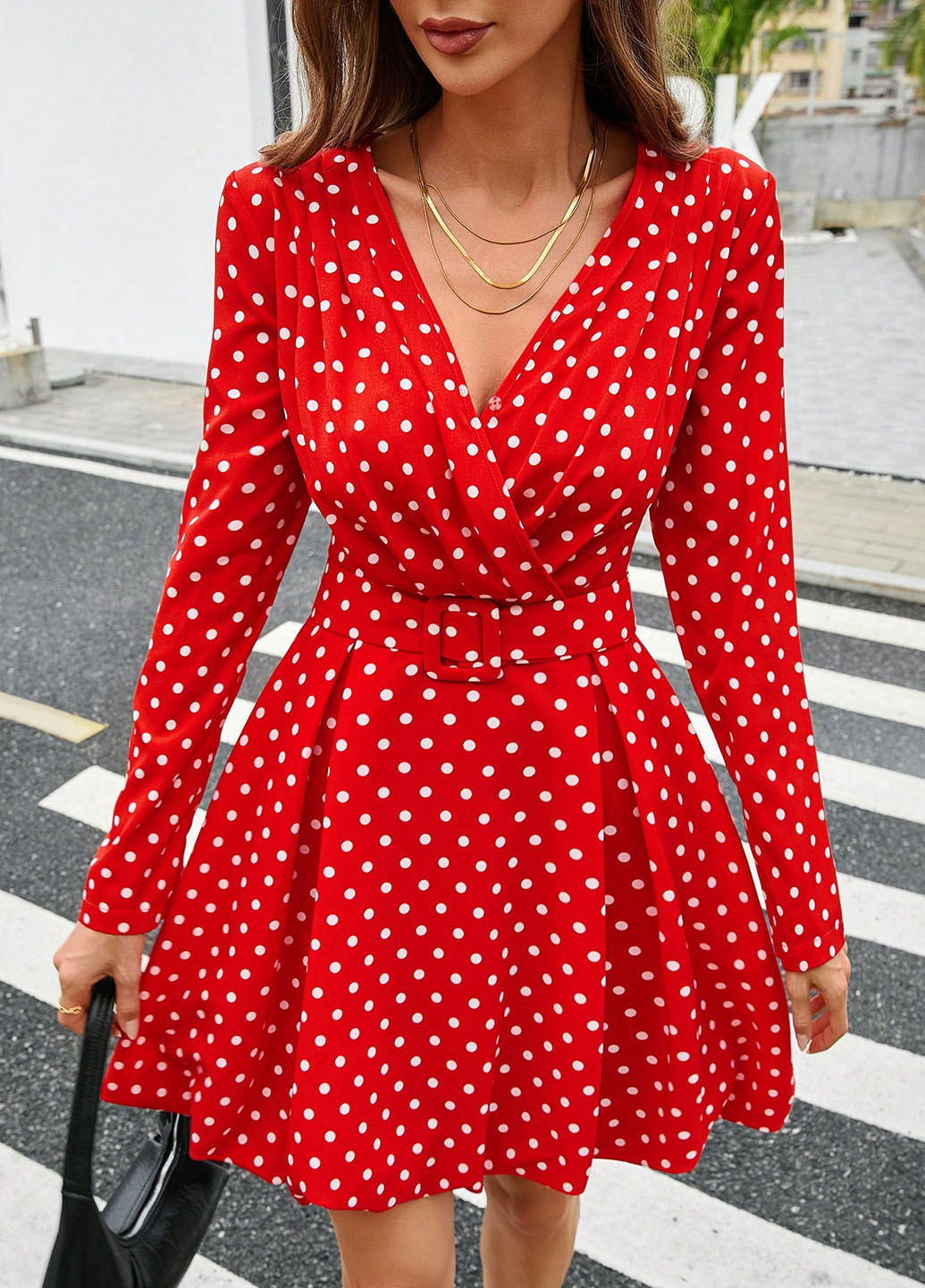 Червона кежуал сукня кльош, на запах SHEIN в горошок