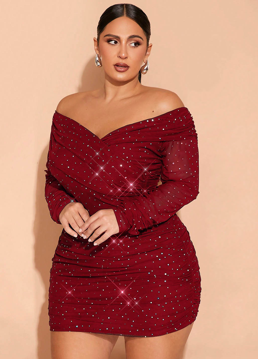 Бордовое вечернее, кэжуал платье с открытыми плечами SHEIN однотонное