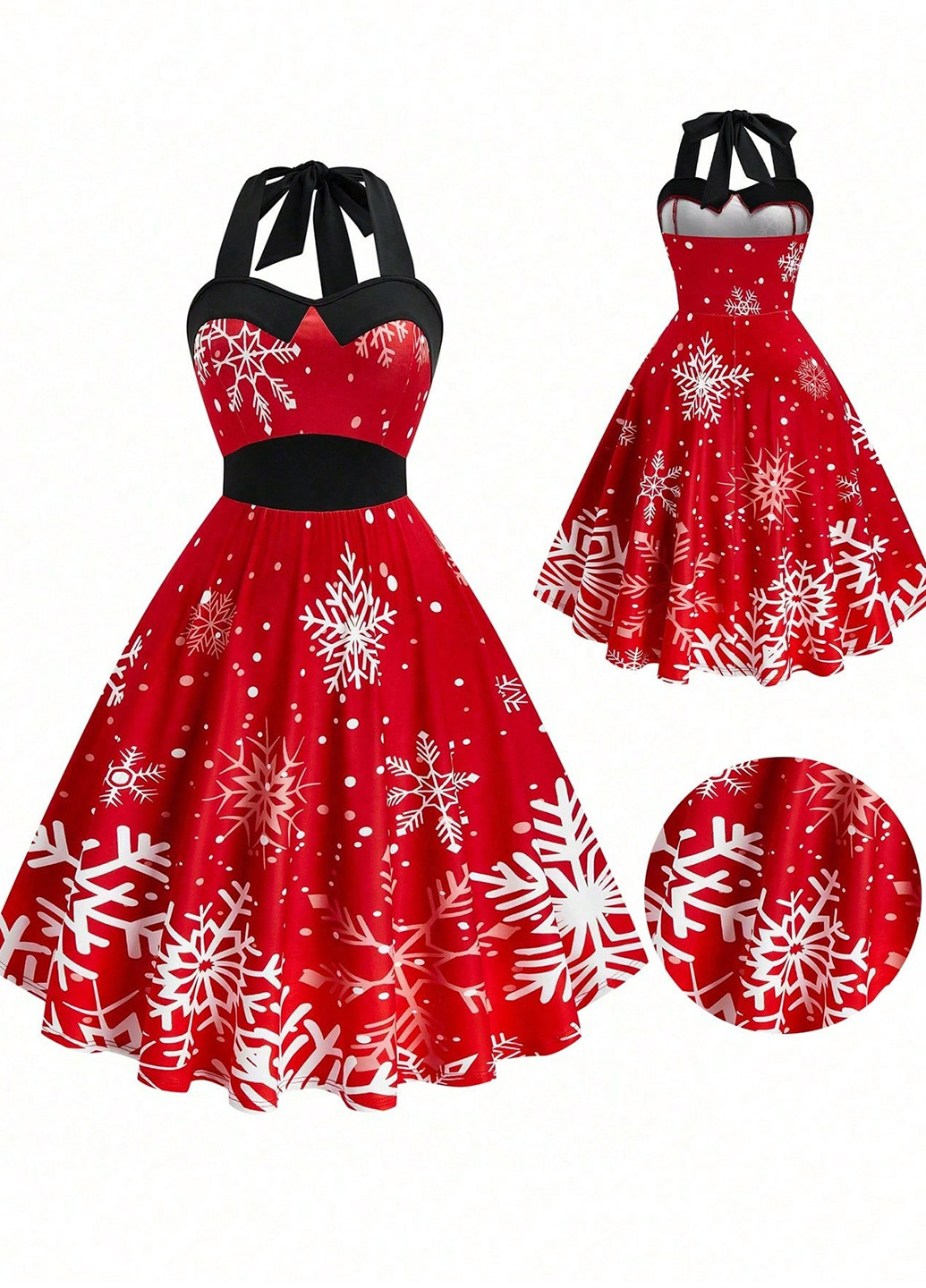 Красное праздничный платье клеш, с открытой спиной SHEIN с новогодним принтом