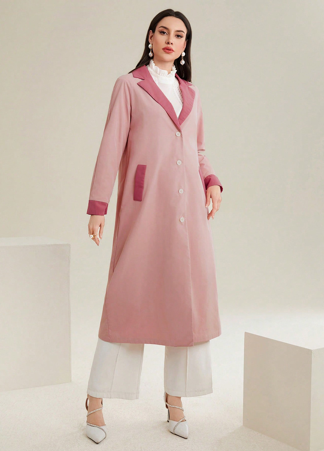 Светло-розовое демисезонное Пальто однобортное SHEIN