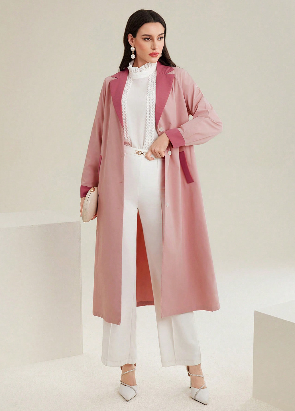 Светло-розовое демисезонное Пальто однобортное SHEIN