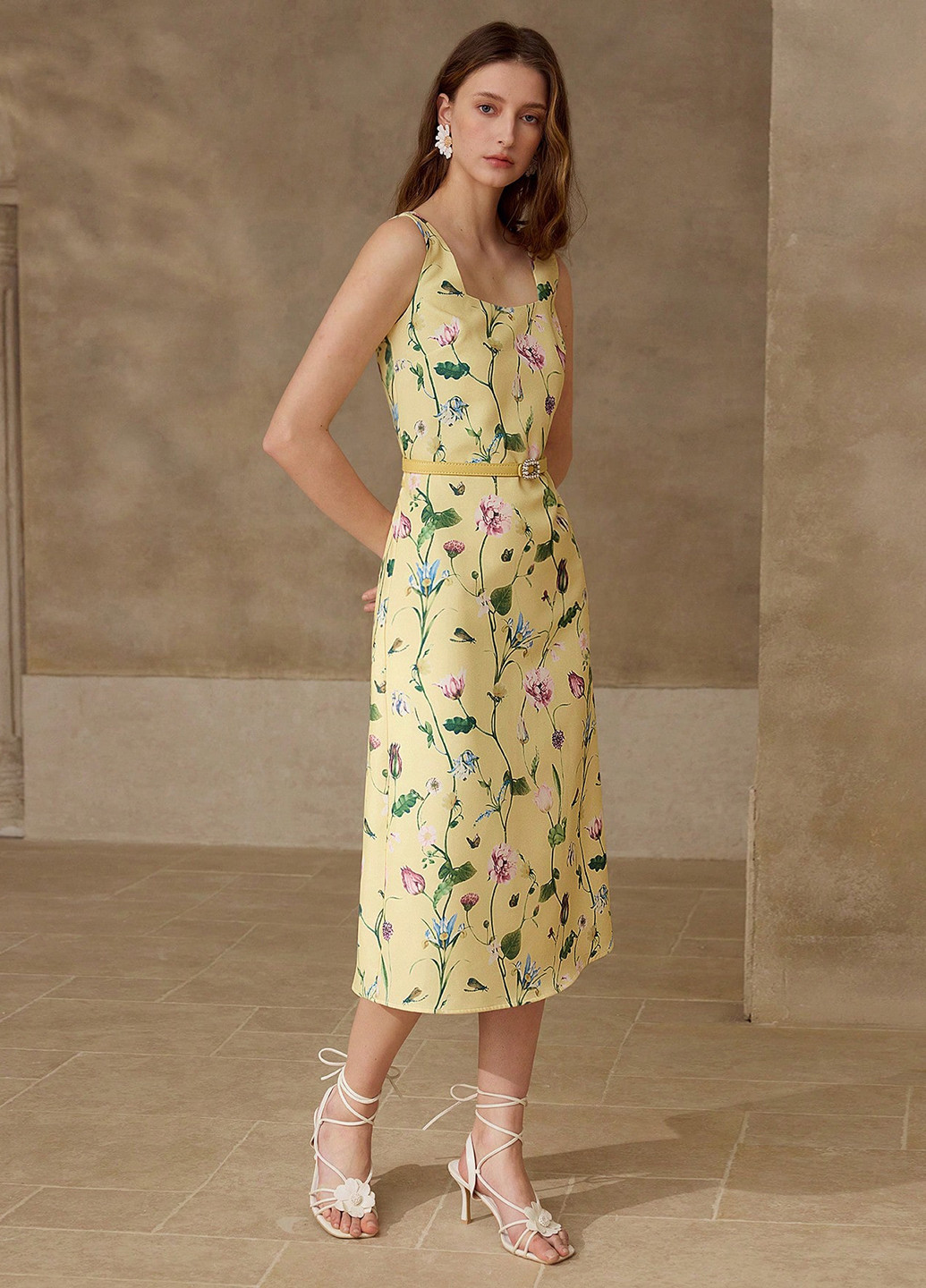 Жовтий святковий, кежуал сукня з відкритими плечима, футляр SHEIN з квітковим принтом