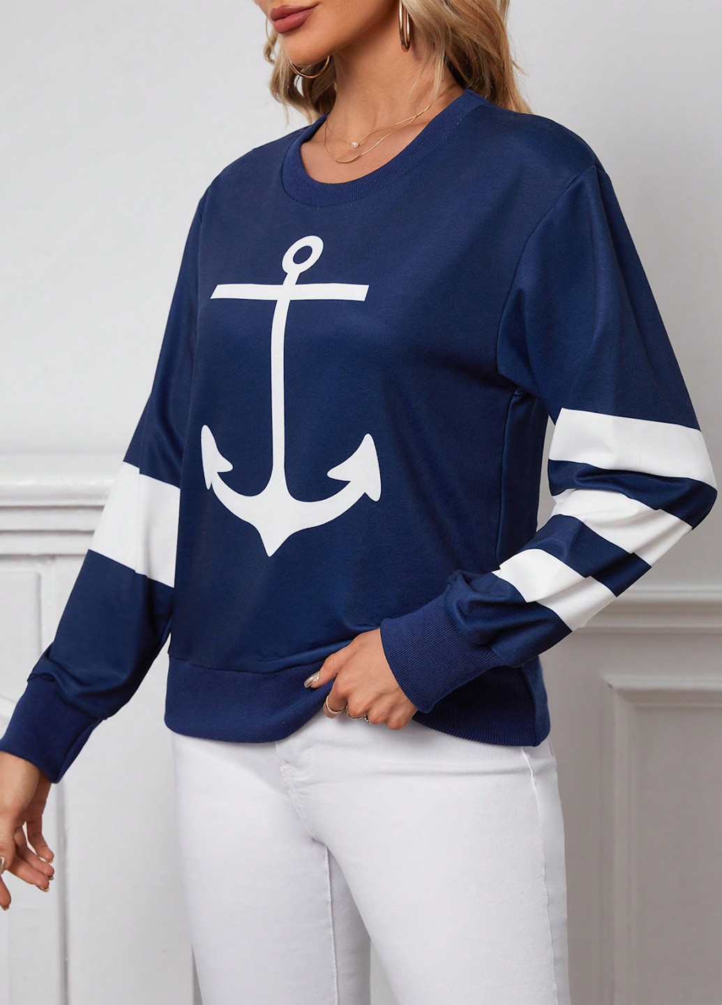 Темно-синій світшот SHEIN морська тематика без декору (329546043)