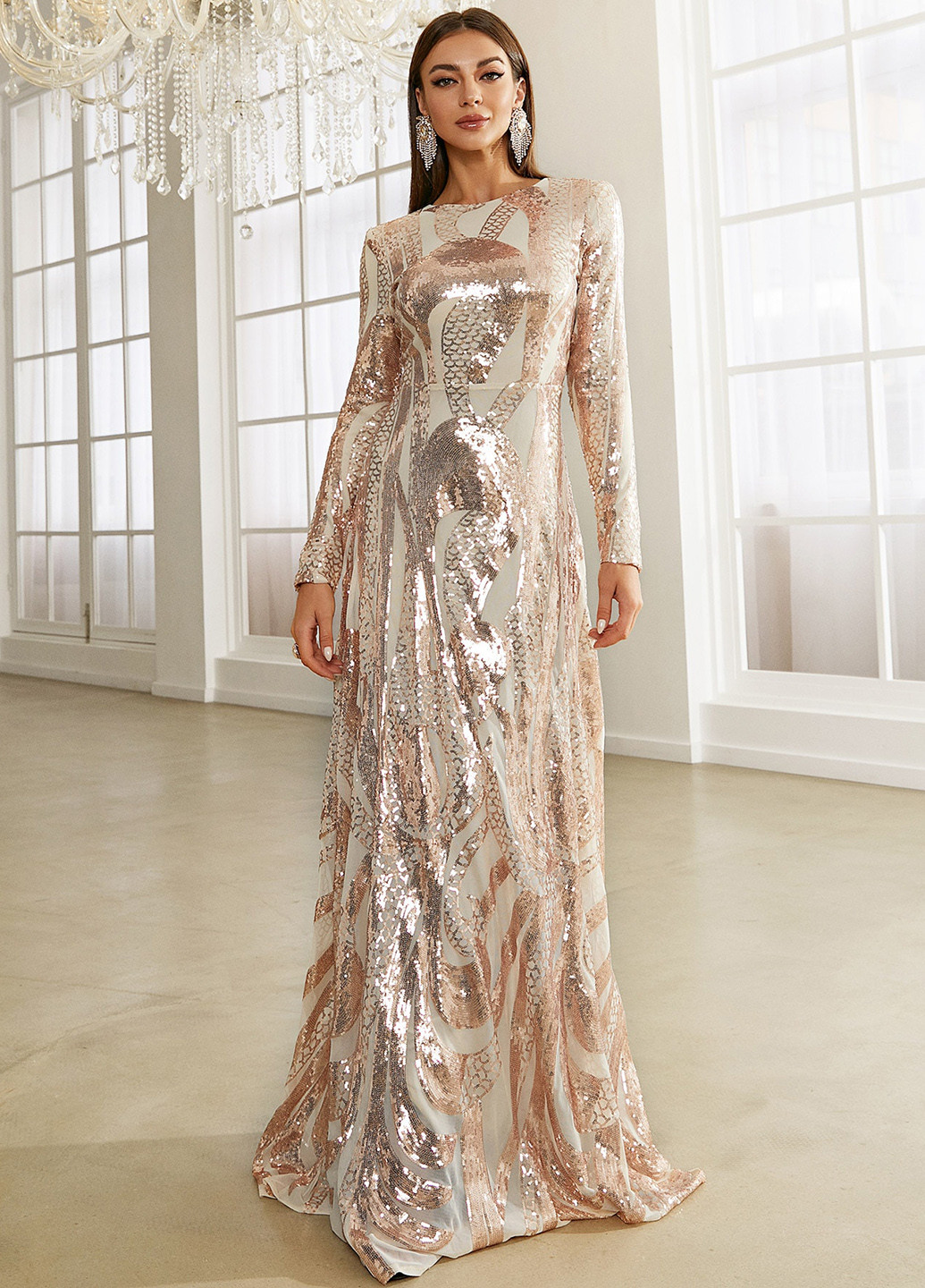 Світло-бежева святковий, вечірня сукня зі шлейфом, а-силует SHEIN з малюнком